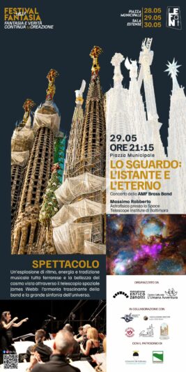 Locandina dell'incontro del Fefant 2026, con l'astrofisico Massimo Robberto e l'amo brass band