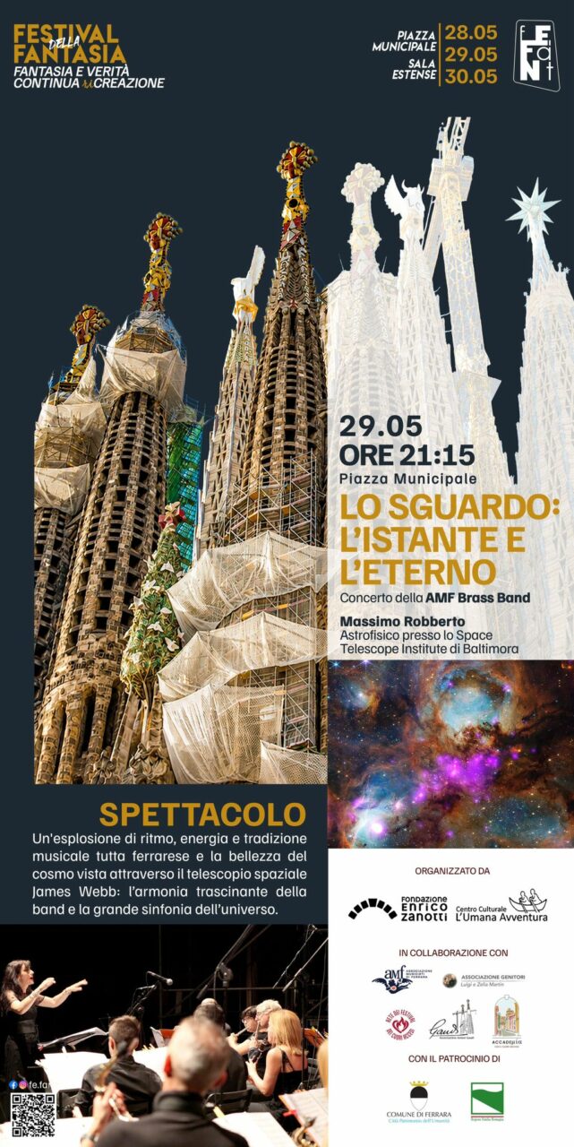 Locandina dell'incontro del Fefant 2026, con l'astrofisico Massimo Robberto e l'amo brass band