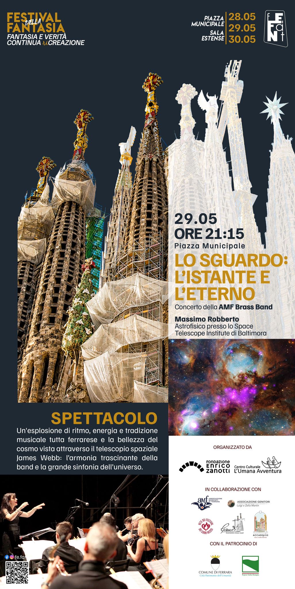 Locandina dell'incontro del Fefant 2026, con l'astrofisico Massimo Robberto e l'amo brass band 