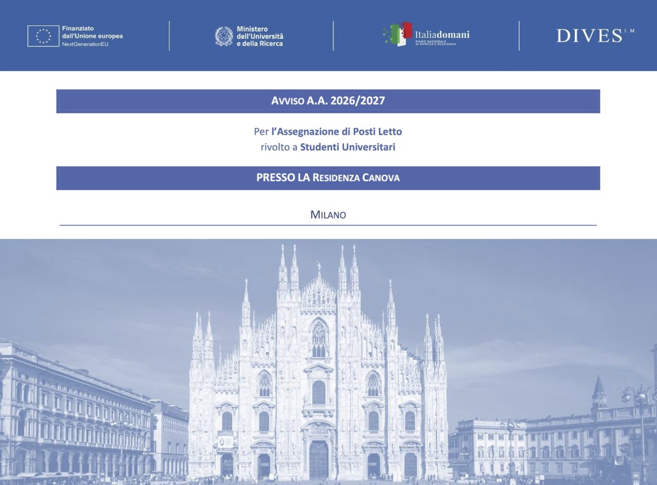 Avviso A.A 2026/2027 per l'assegnazione di posti letto rivolto a studenti universitari presso la residenza Canova, Milano