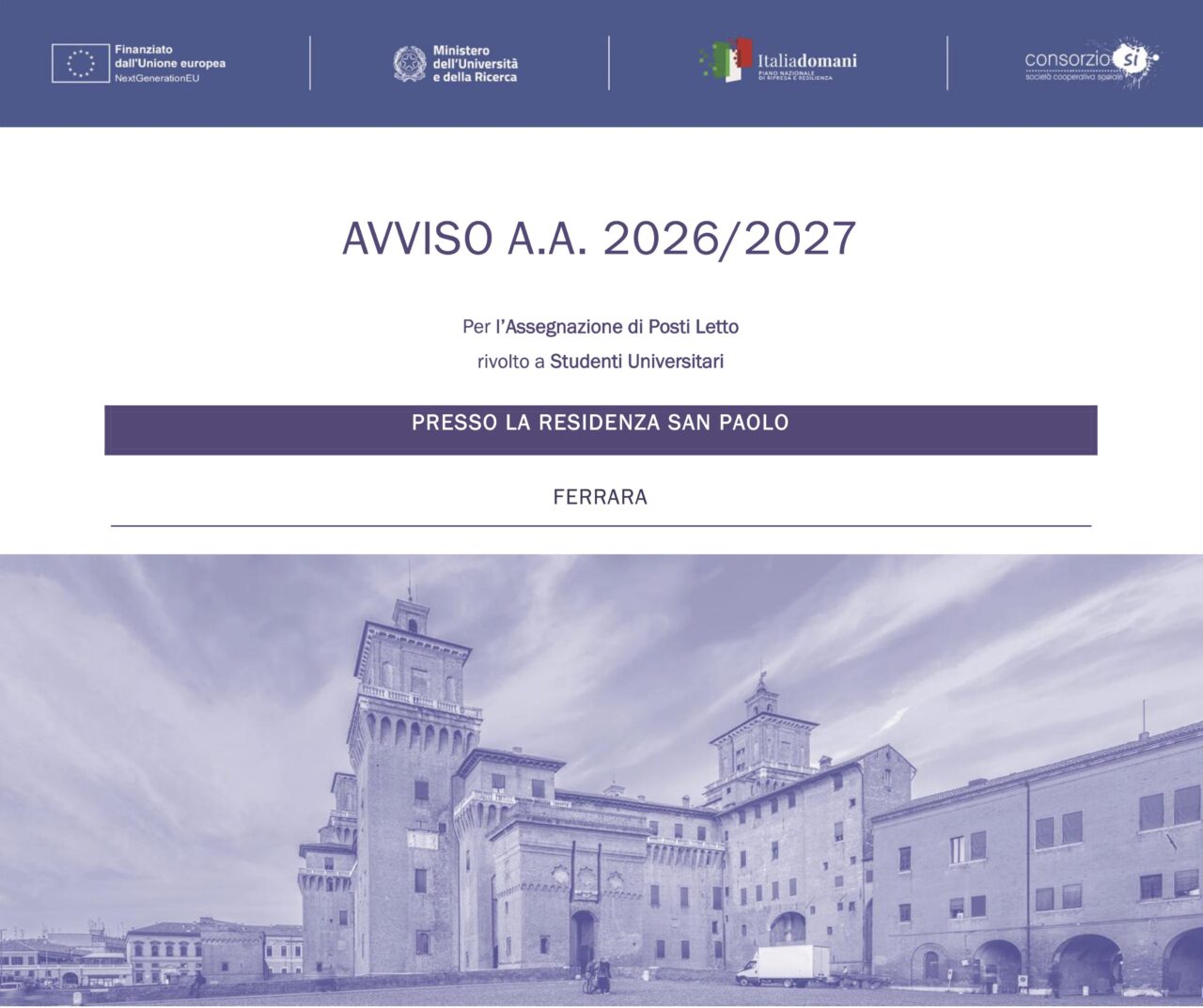 Avviso A.A 2026/2027 per l'assegnazione di posti letto rivolto a studenti universitari presso la residenza San Paolo, Ferrara